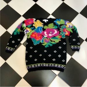 Vintage 80s Vivian Wang Kitty Hawk Oversized Sweater Floral Pattern Mohair sz S